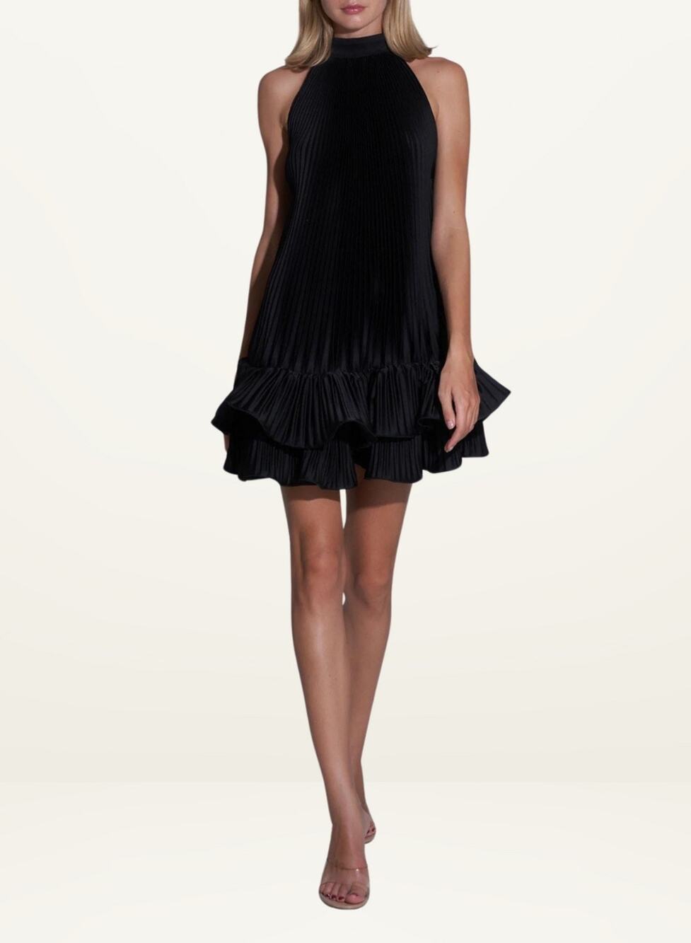 L'IDEE Black High Neckline Voluminous Pleated Tiered Hemline Soleil Mini Dress